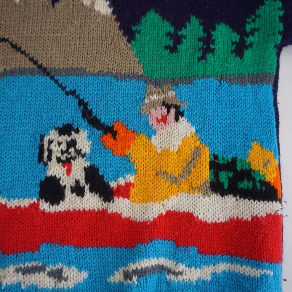 Vintage Merona Navy Wool Canoe Fishing Graphic Sweater Cabincore Eclectic Small - Picture 6 of 11